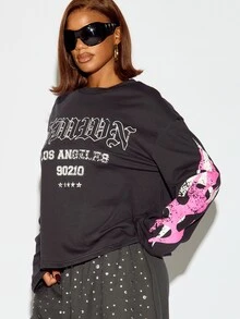 SUMWON WOMEN Los Angeles 90210 Oversized Long Sleeve Graphic Tee With Old English Text And Pink Skull Sleeve Print - Grey - View 3