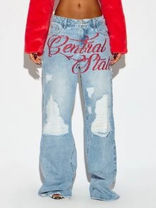 SUMWON WOMEN Central State Embroidered Wide Leg Jeans With Distressed Ripped Details Low Rise Baggy Denim Pants Fall Winter Style - Light Wash - View 1