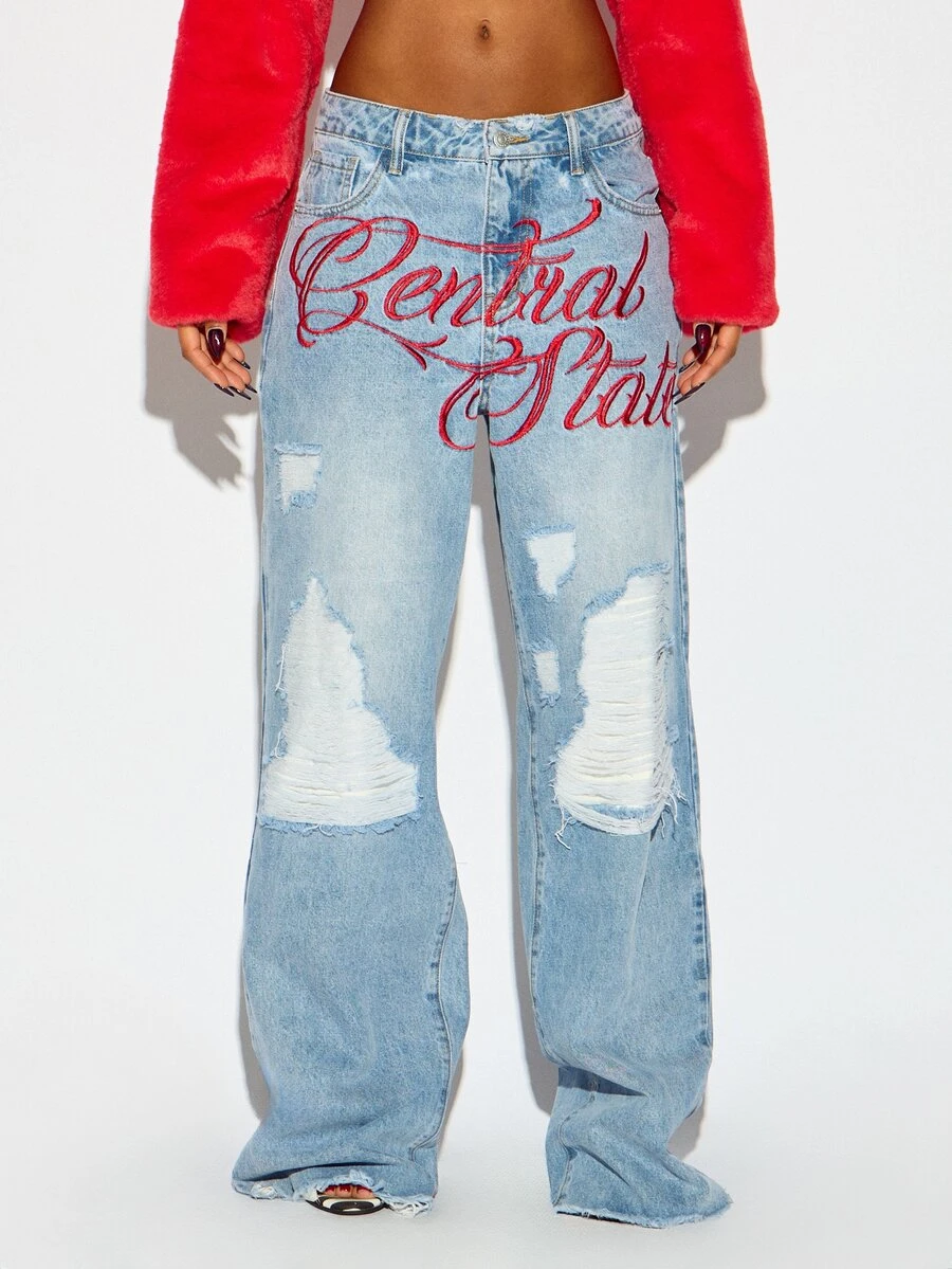 SUMWON WOMEN Central State Embroidered Wide Leg Jeans With Distressed Ripped Details Low Rise Baggy Denim Pants Fall Winter Style - Light Wash - View 1