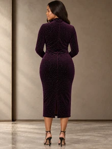 ELLERISSA Plus Size Burgundy Mock Neck Long Sleeve Velvet Bodycon Midi Dress - Burgundy - View 2