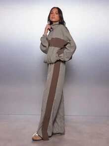 MISSGUIDED Oversized Checked Puffer Jacket With Stand Collar Full Zip Closure Color Block Panel Detail Autumn Winter Outerwear - Multicolor - View 5
