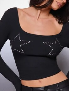 MISSGUIDED Star Studded Ribbed Knit Crop Top With Scoop Neck Extra Long Sleeves And Silver Rhinestone Star Detail For Night Out Party - Black - View 3