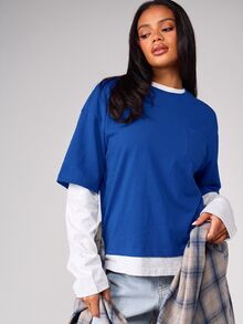 MISSGUIDED Oversized Boxy Crop T-Shirt With Chest Pocket And Round Neck - Casual Layered Look For Spring Summer - Blue - View 1