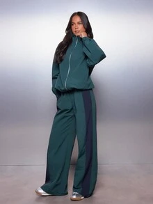 MISSGUIDED Wide Leg Pull-On Pants With Contrast Side Panel Drawstring Waist Relaxed Fit Full Length Trousers Fall Winter - Dark Green - View 2