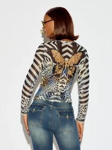 SUMWON WOMEN Sheer Mesh Long Sleeve Boat Neck Top With Mixed Animal Leopard Zebra Baroque Butterfly Print All Over Pattern - Black - View 5