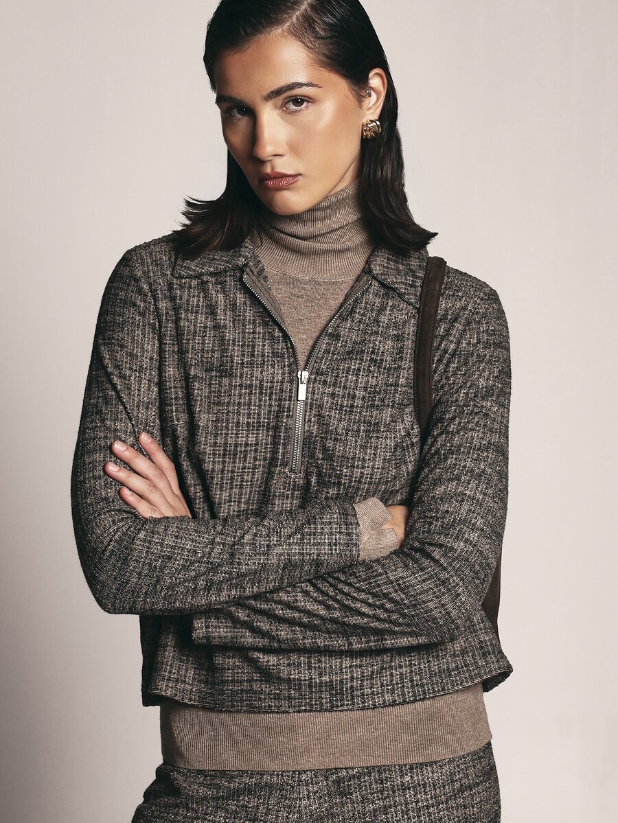 KSTM Checked Textured Half-Zip Collared Jacket With Ribbed Cuffs And Hem Band Fall Winter Layering Style - Multicolor - View 1