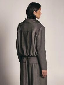 KSTM Zip-Up Utility Jacket With Wide Lapel Collar Welt Pockets Elasticated Hem Fitted Silhouette Fall Winter Outerwear - Dark Grey - View 2