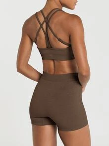 11SKNDS Seamless Racerback Sports Bra With Cross-Back Straps, Scoop Neck, Ribbed Band And Adjustable Fit For Yoga And Pilates - Chocolate Brown - View 5