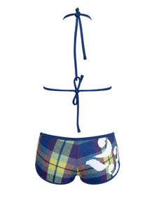 SUMWON WOMEN Triangle Halter Bikini Set With Plaid AOP Print And Boy Short Bottoms Summer Beach Vacation Two Piece Swimwear - Multicolor - View 2