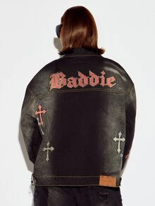 SUMWON WOMEN Oversized Dark Wash Denim Trucker Jacket With Cross Applique And Baddie Back Graphic Detail Fall Winter Outerwear - Black - View 6