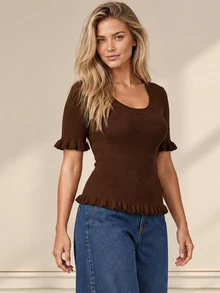 ELLERISSA Coffee Brown Scoop Neck Short Sleeve Ribbed Knit Frill Hem Fitted Top - Coffee Brown - View 3