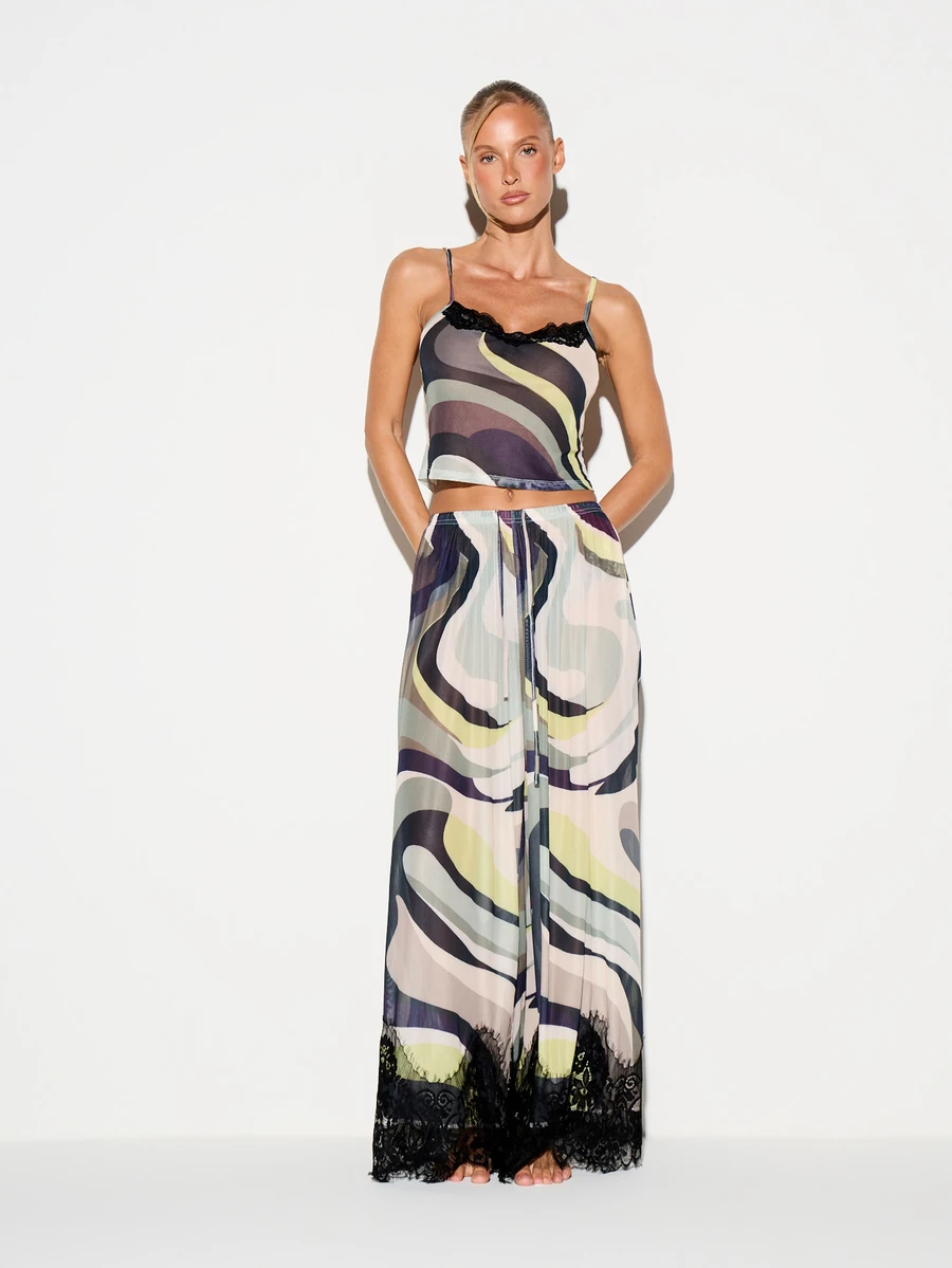 KIZN Swirl Print Chiffon Cami Crop Top And Wide Leg Pants Co-Ord Set With Lace Trim Detail Summer Holiday Two Piece Outfit - Khaki - View 1