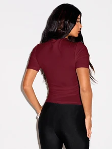 KIZN Ruched Mock Neck Short Sleeve Fitted Top With Crossover Drape Detail And Gathered Side Seams For Autumn Winter - Burgundy - View 2