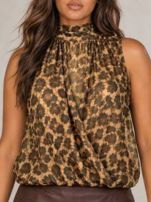 ELLERISSA Plus Size Brown Leopard Print Mock Neck Sleeveless Chiffon Bubble Hem Blouse - Brown - View 6