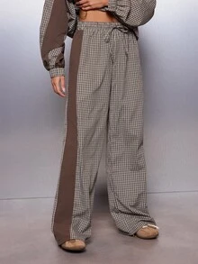 MISSGUIDED Wide Leg Checked Casual Pants With Contrast Color Block Side Panel And Drawstring Elastic Waist Full Length Relaxed Fit Fall Winter Trousers - Brown - View 1
