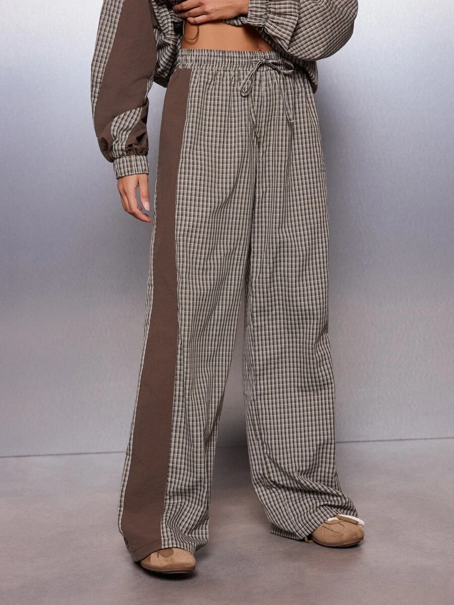MISSGUIDED Wide Leg Checked Casual Pants With Contrast Color Block Side Panel And Drawstring Elastic Waist Full Length Relaxed Fit Fall Winter Trousers - Brown - View 1