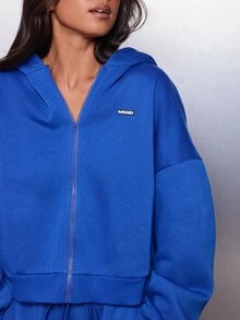 MISSGUIDED Oversized Crop Full Zip Sweatshirt With Hood Long Sleeve Fleece Sweatshirt Casual Streetwear Autumn Winter - Royal Blue - View 5