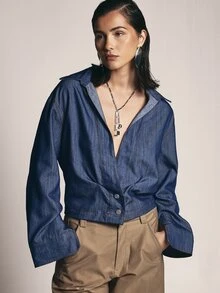 KSTM Cropped Jacket With Deep V Lapel Collar Contrast Stitching Button Closure And Elasticated Hem For Spring Summer - Blue - View 1