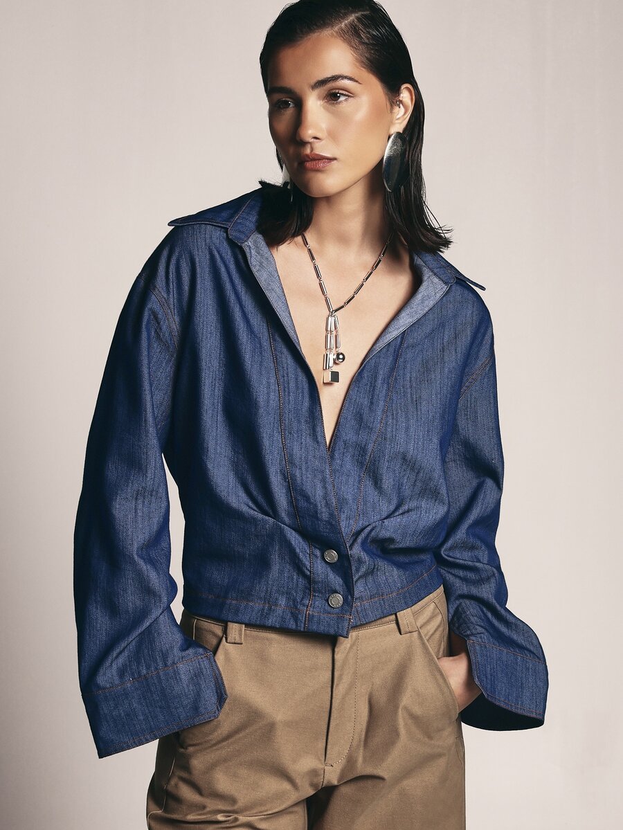 KSTM Cropped Jacket With Deep V Lapel Collar Contrast Stitching Button Closure And Elasticated Hem For Spring Summer - Blue - View 1
