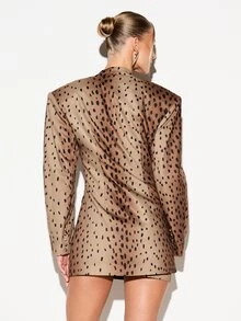 KIZN Leopard Print Satin Blazer Dress With Structured Shoulders Button Front Closure Welt Pockets Mini Length Fall Party - Yellow - View 2
