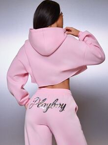 Missguided x Playboy كنزة سويت شيرت قصيرة مع طباعة شعار نصي متلألئ، قصة فضفاضة، أكمام طويلة، سترة علوية للربيع والصيف، ملابس شارع كاجوال - وردي - مشاهدة 3