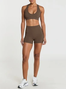 11SKNDS Seamless Racerback Sports Bra With Cross-Back Straps, Scoop Neck, Ribbed Band And Adjustable Fit For Yoga And Pilates - Chocolate Brown - View 4
