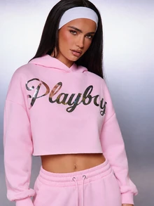 Missguided x Playboy كنزة سويت شيرت قصيرة مع طباعة شعار نصي متلألئ، قصة فضفاضة، أكمام طويلة، سترة علوية للربيع والصيف، ملابس شارع كاجوال - وردي - مشاهدة 4