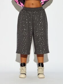SUMWON WOMEN Oversized Charcoal Bermuda Sweat Shorts With Allover Silver Rhinestone Embellishment Elastic Waist Wide Leg Below Knee Length - Dark Grey - View 3