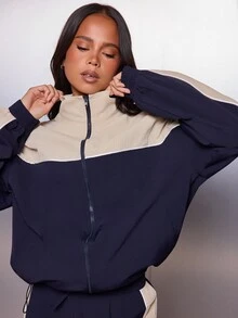 MISSGUIDED جاكيت واقي من الرياح بحجم كبير مع كتل لونية وياقة قائمة وإغلاق بسحاب كامل وأساور مطاطية ملابس خارجية كاجوال للخريف والشتاء - متعدد الألوان - مشاهدة 4