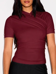 KIZN Ruched Mock Neck Short Sleeve Fitted Top With Crossover Drape Detail And Gathered Side Seams For Autumn Winter - Burgundy - View 4