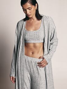 KSTM Ribbed Knit Co-Ord Set Longline Belted Cardigan Robe And Wide Leg Trousers Matching Loungewear Two Piece Outfit - Grey - View 5