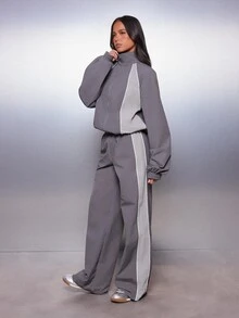 MISSGUIDED Wide Leg Jogger Pants With Contrast Side Panel And Piping Detail Elasticated Waist Full Length Casual Trousers - Grey - View 2