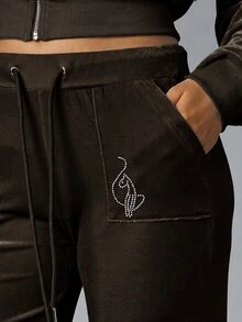 BABYPHAT Velour Wide Leg Tracksuit Pants With Rhinestone Logo Detail And Drawstring Waist Fall Winter Loungewear - Chocolate Brown - View 5