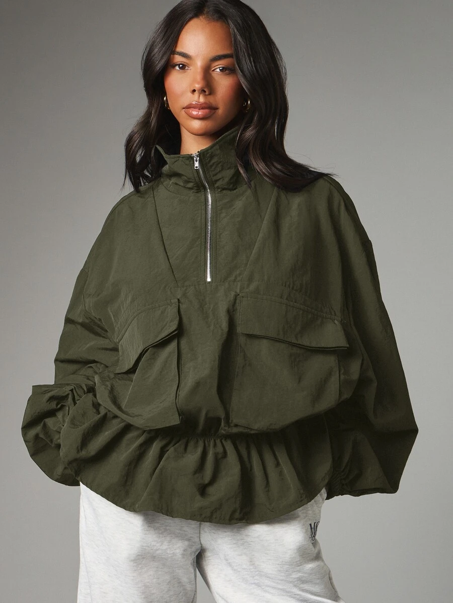 MISSGUIDED Half Zip Pullover Jacket With Oversized Balloon Sleeves Cargo Pockets Ruffle Hem And Mock Neck In Crinkle Nylon - Army Green - View 1