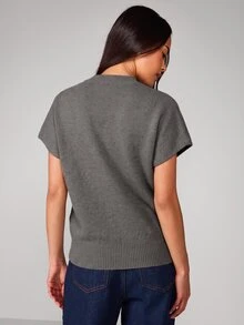 MISSGUIDED Short Sleeve Mock Neck Knit Sweater Top - Cropped Ribbed Hem Pullover For Fall Winter Casual Everyday Wear - Grey - View 2