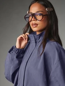 MISSGUIDED جاكيت بومبر فضفاض بسحاب وياقة وهمية وحافة مطاطية وأكمام مجعدة بقصة مريحة ملابس خارجية كاجوال - أرجواني مغبر - مشاهدة 2
