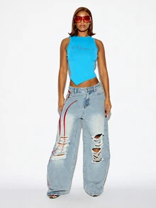 SUMWON WOMEN Rhinestone Script Logo Sleeveless Ribbed Knit Crop Tank Top With High Neck And Asymmetric Hem - Blue - View 4
