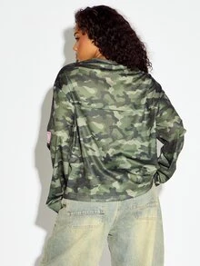 SUMWON WOMEN Camo Mesh Oversized Crop Jersey Top With Number 99 Graphic Print And Patch Badges Long Sleeve Crew Neck Street Style - Multicolor - View 2