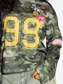 SUMWON WOMEN Camo Mesh Oversized Crop Jersey Top With Number 99 Graphic Print And Patch Badges Long Sleeve Crew Neck Street Style - Multicolor - View 4
