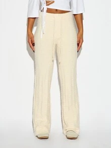 SUMWON WOMEN Cable Knit Wide Leg Casual Pants With Drawstring Waist Patch Pocket Logo Detail Fall Winter Cozy Loungewear Full Length Autumn Warm - White - View 2
