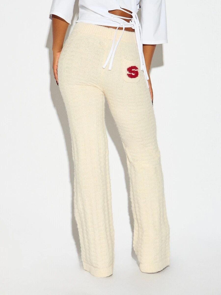 SUMWON WOMEN Cable Knit Wide Leg Casual Pants With Drawstring Waist Patch Pocket Logo Detail Fall Winter Cozy Loungewear Full Length Autumn Warm - White - View 1