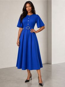 ELLERISSA Navy Blue Round Neck Short Sleeve Belted Midi Dress - Navy Blue - View 1