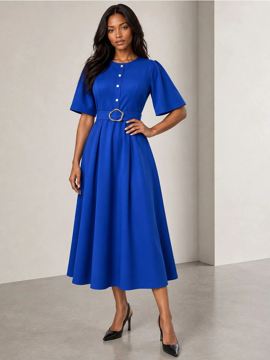 ELLERISSA Navy Blue Round Neck Short Sleeve Belted Midi Dress - Navy Blue - View 1