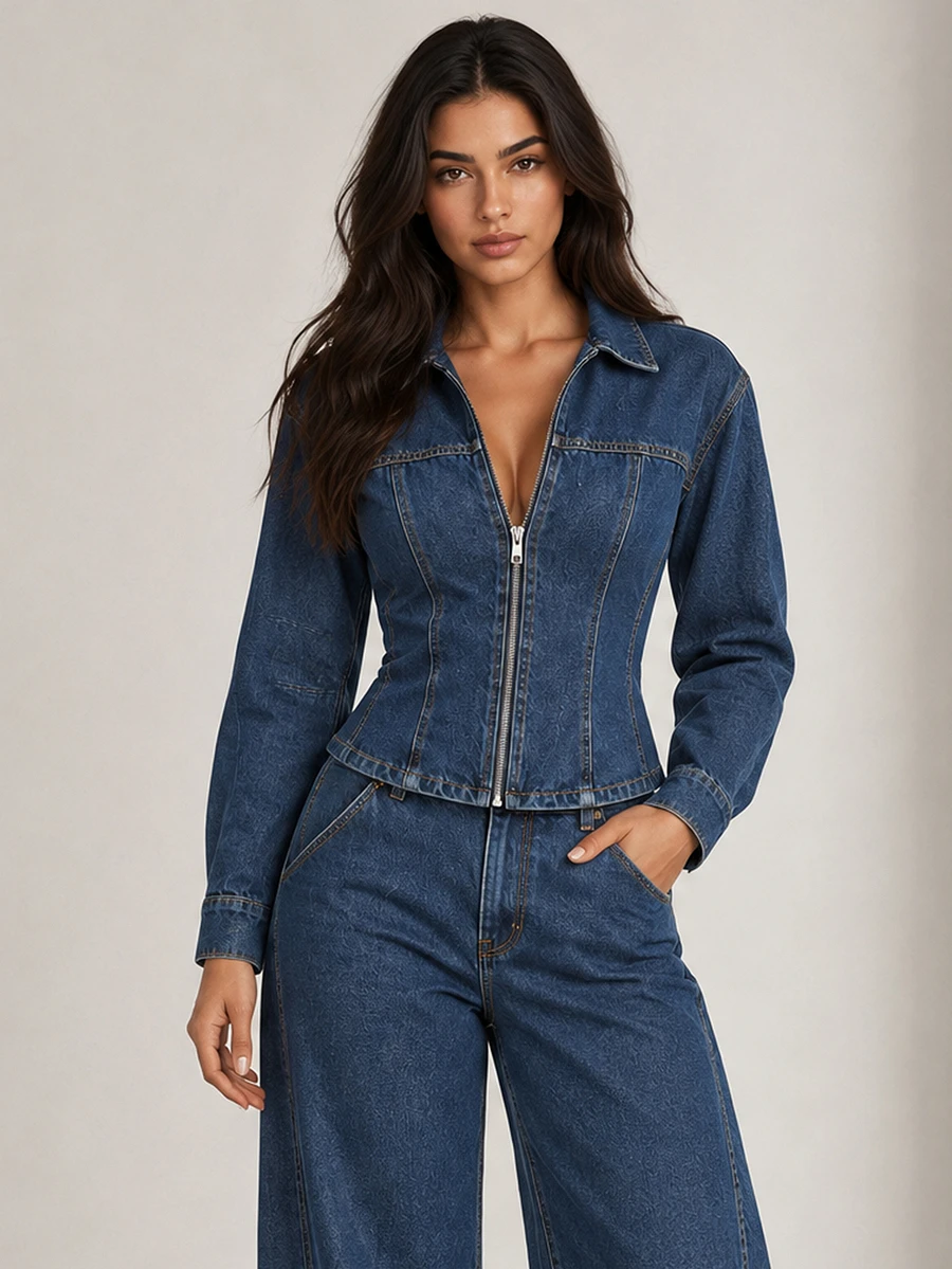 ELLERISSA Dark Wash Denim Corset Shirt Long Sleeve Zip Front Top - Dark Wash - View 1