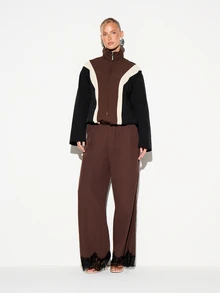 KIZN Wide Leg Casual Pants With Black Lace Trim Hem Elastic Waist Full Length Flowing Trousers Perfect For Spring Summer Evening Wear - Coffee Brown - View 4