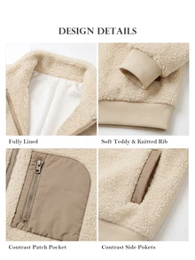 ELLERISSA Beige Teddy Fur Long Sleeve Contrast Pocket Full Zip Autumn Casual Jacket - Beige - View 7