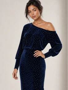 ELLERISSA Navy Blue Cold Shoulder Studded Velvet Long Sleeve Bodycon Midi Evening Party Dress - Navy Blue - View 6