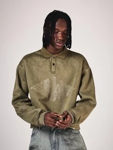 SUMWON Washed Oversized Rugby Polo Sweatshirt With Collar Long Sleeve Chest Logo Print Casual Street Style Top - Green - View 3