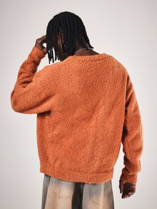 SUMWON Boucle Knit Cardigan V-Neck Button-Up Long Sleeve Oversized Fluffy Teddy Texture Sweater Fall Winter Cozy Layering Top - Coffee Brown - View 2