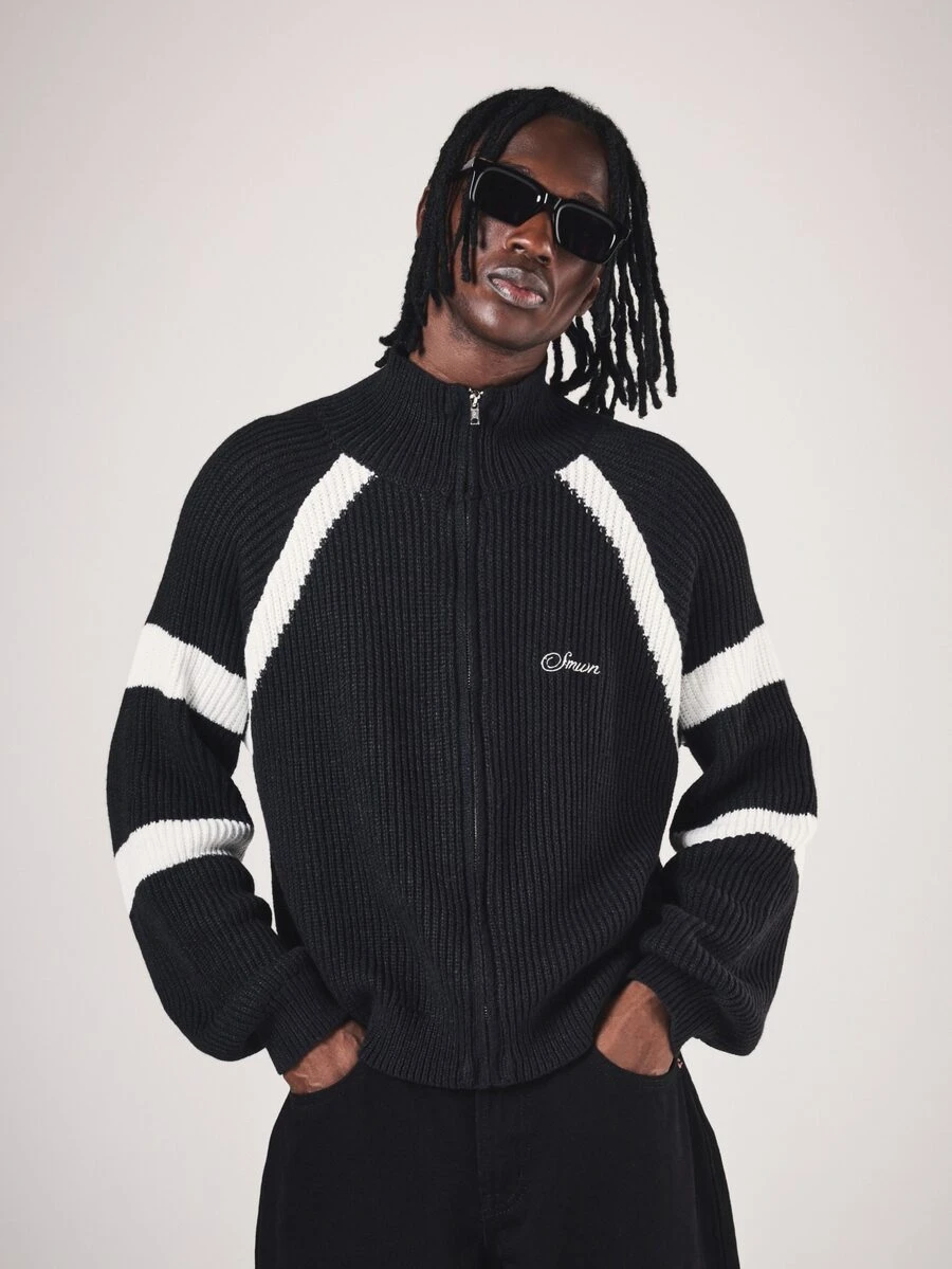 SUMWON Mens Oversized Full Zip Ribbed Knit Cardigan With Contrast Stripe Detail High Neck Long Sleeve Autumn Winter Sweater Jacket - Black and White - View 1